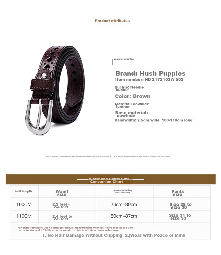 Ремень женский Hush Puppies, из натуральной кожи, с пряжкой-булавкой, для подарка