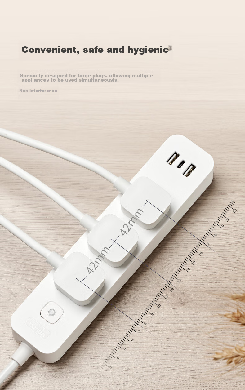 Сетевой фильтр DELIXI с USB-портами, 2 розетки, 1 USB Type-C, 1.8 метра, белый