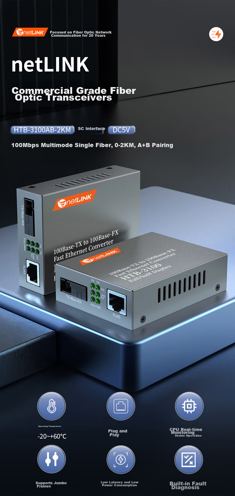 Оптический трансивер NetLINK HTB-3100AB, 100 Мбит/с, многомодовый, одноволоконный, интерфейс SC, 2 км, пара
