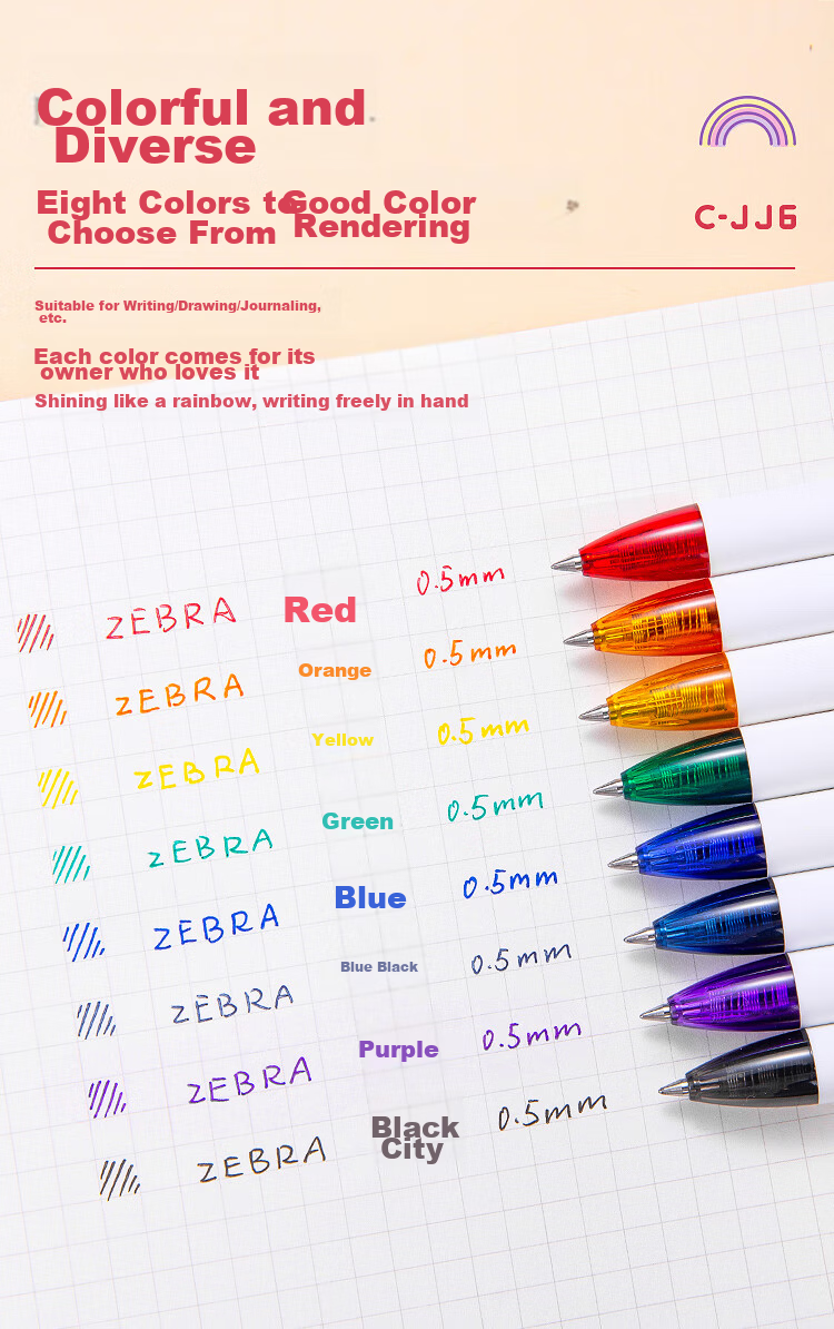ZEBRA Rainbow Retractable Gel Pen, 0.5mm Bullet Tip Signing Pen, Colorful Student Drawing Marking Coloring Journal Pen Ink Pen C-JJ6 Blue-Black Single Pe