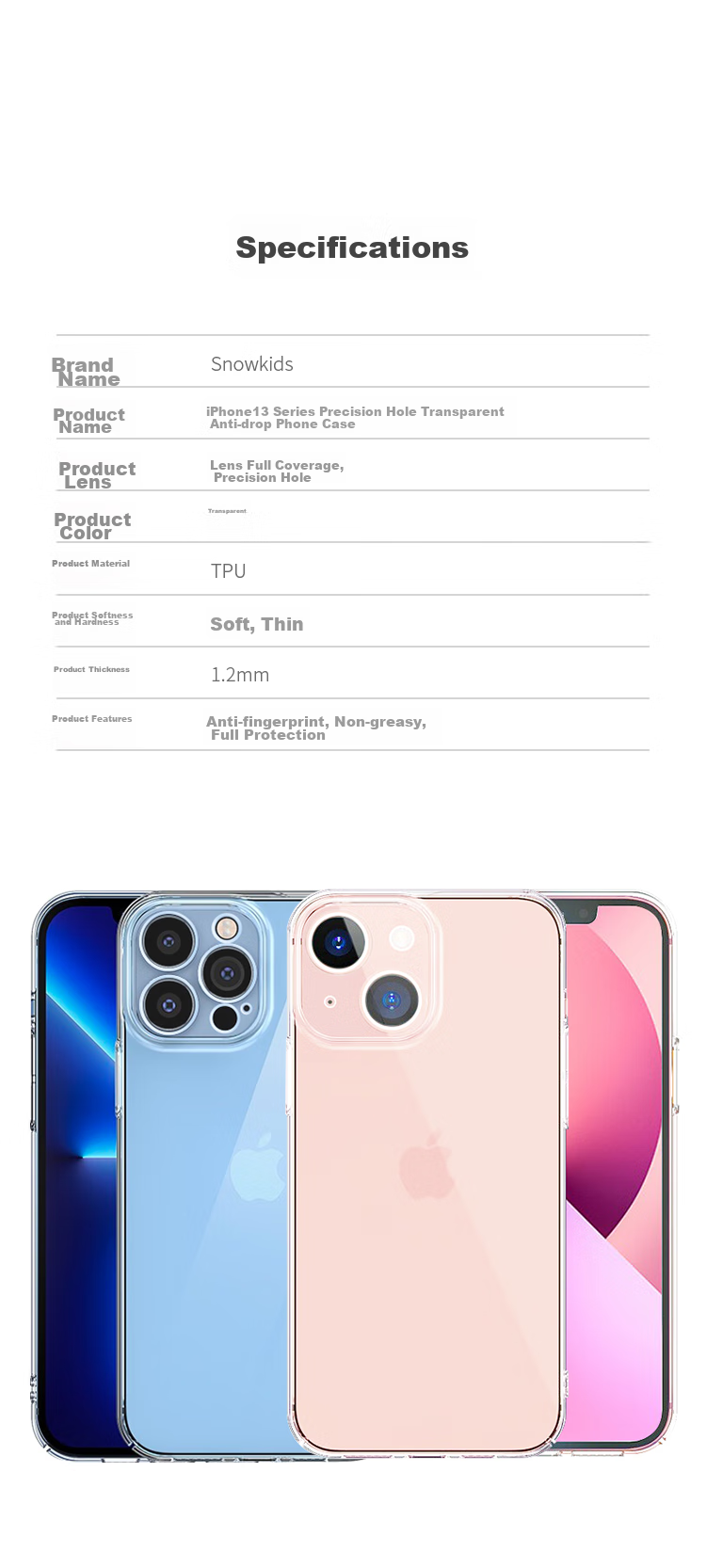 Противоударный чехол Snowkids для Apple iPhone 13 Pro, ультратонкий TPU с защитой всех объективов, прозрачный