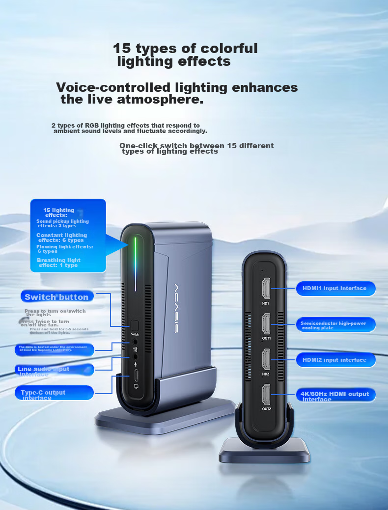 Acasis VC-018Max - Вертикальная HDMI карта захвата 4K 60 Гц с аудиовходом, алюминиевый сплав, RGB подсветка, USB Type-C