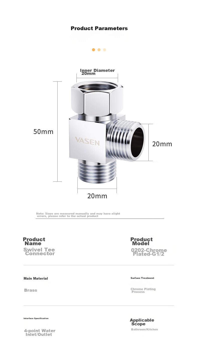 Угловой вентиль VASEN 0202-Chrome-G1/2, латунь, хром, 1 вход 2 выхода, 4 точки