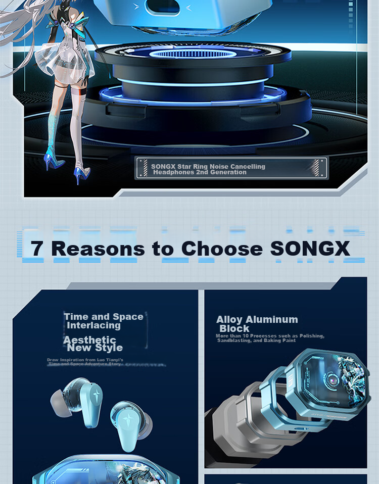 Беспроводные наушники SONGX Luotianyi с активным шумоподавлением, низкая задержка, Hi-Fi звук, подарок на Рождество, совместимы с Apple и Android