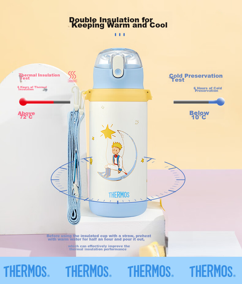 Детская термокружка THERMOS "Маленький принц" с трубочкой и крышкой для прямого питья, 600 мл, синяя