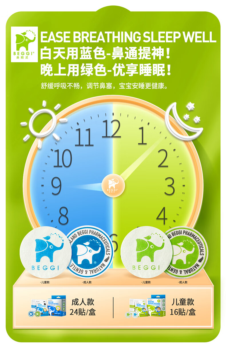 Nose Elf BEGGI New Zealand nasal patch baby essential oil ventilation nasal patch children's nasal comfort patch nasal congestion breathing relief patch 16 patches