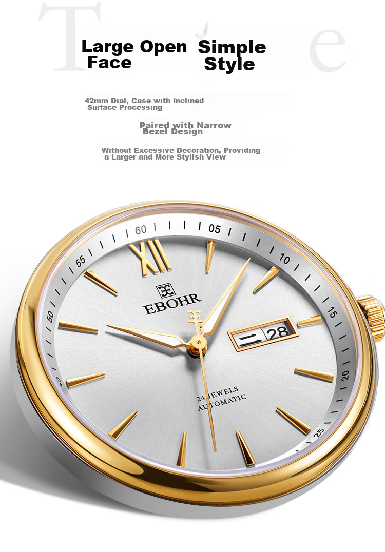 Мужские часы EBOHR Master Series 51879418 с автоматическим механическим механизмом, золотистый браслет из нержавеющей стали, водонепроницаемость 50 м, сапфировое стекло