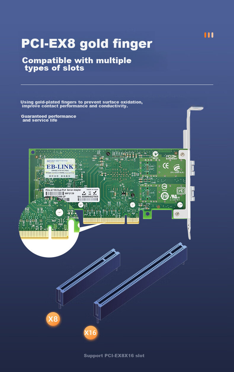 Сетевая карта EB-LINK X520-DA2 PCI-E X8 10G Dual-Port Fiber Optic, Intel 82599 Chip, SFP+ Optical Port, Server Network Adapter E10G42BF