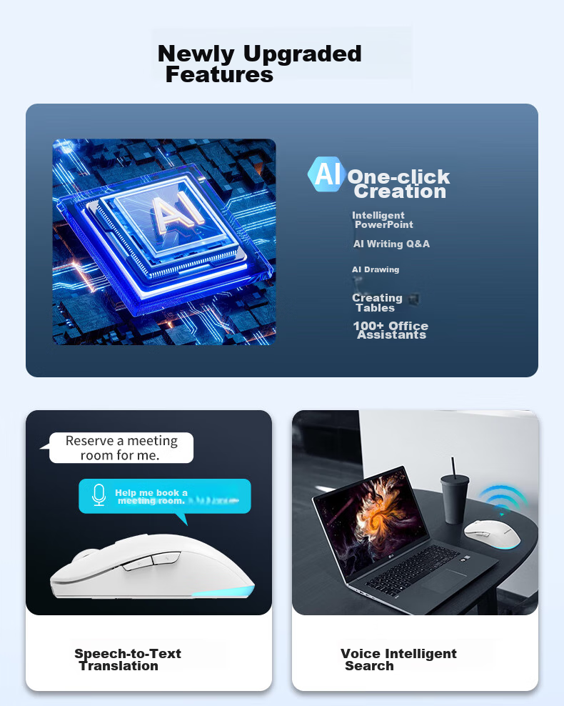 VENFISH AI Smart Voice Mouse S8 Беспроводная Bluetooth Офисная Мышь с ИИ, Генерация PPT, Чтение текста, Перевод, Черная