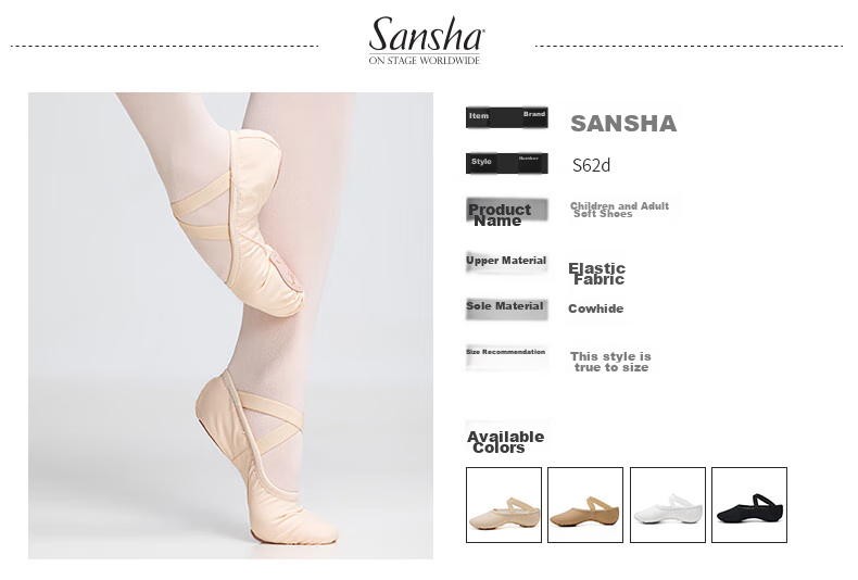 Балетки Sansha S62D для детей и взрослых, черные, размер 27