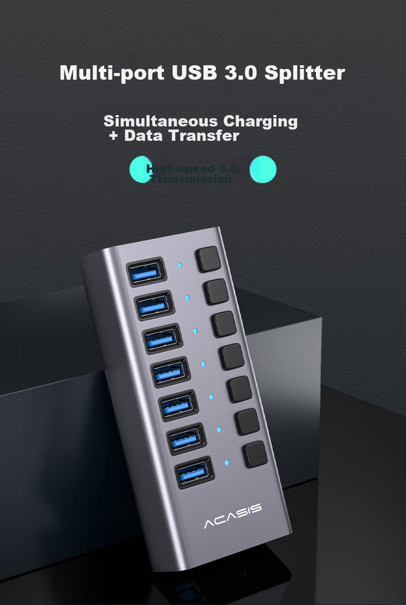 USB 3.0 концентратор Acasis HS-707MG, 7 портов с независимым управлением, алюминиевый корпус, серебристый