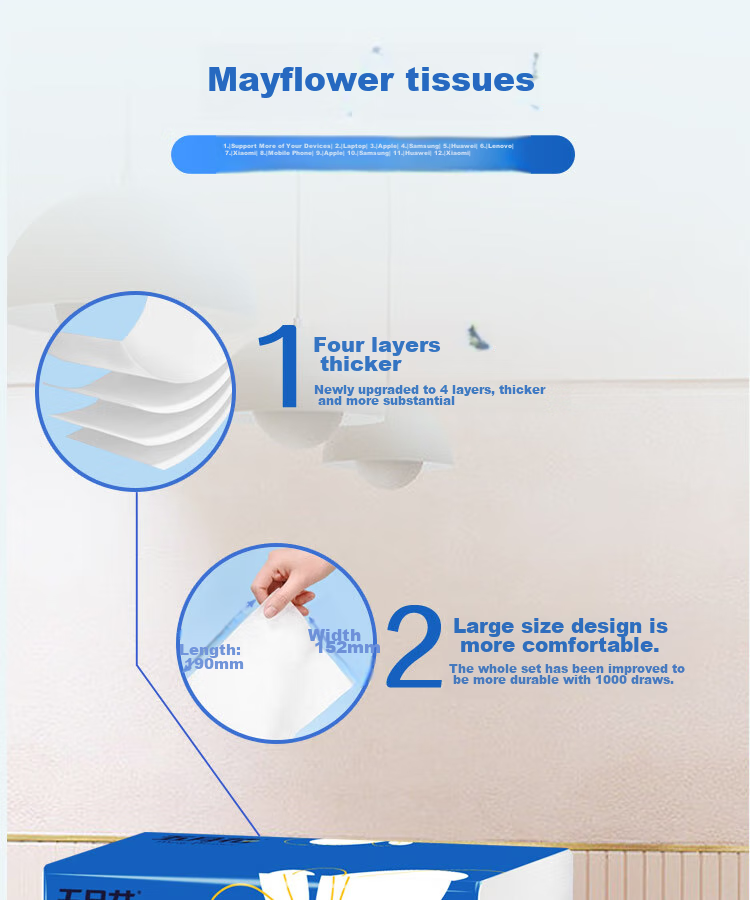 Бумажные платочки May Flower, 4-слойные, 100 шт. в упаковке, 10 упаковок в наборе, мягкие и нежные для кожи, утолщенные и прочные