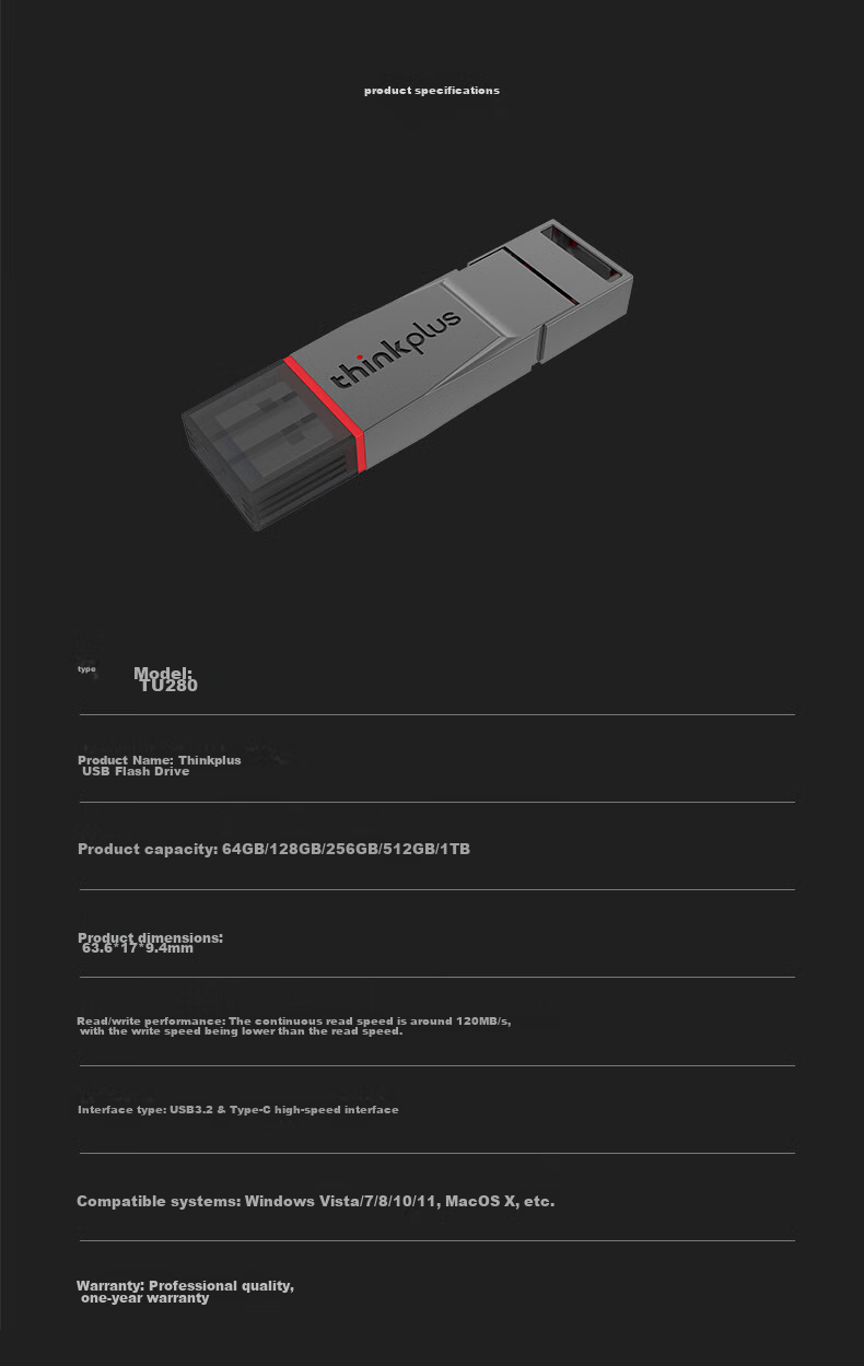 Флеш-накопитель Lenovo ThinkPlus TU280, 128 ГБ, USB 3.2 Type-C, металлический корпус, серый