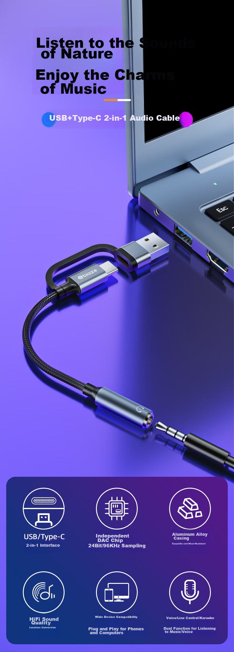 Внешняя звуковая карта BIAZE Type-C/USB, с ЦАП, для подключения к ПК, ноутбуку, телефону, конвертер 3.5 мм для наушников, микрофона, динамиков