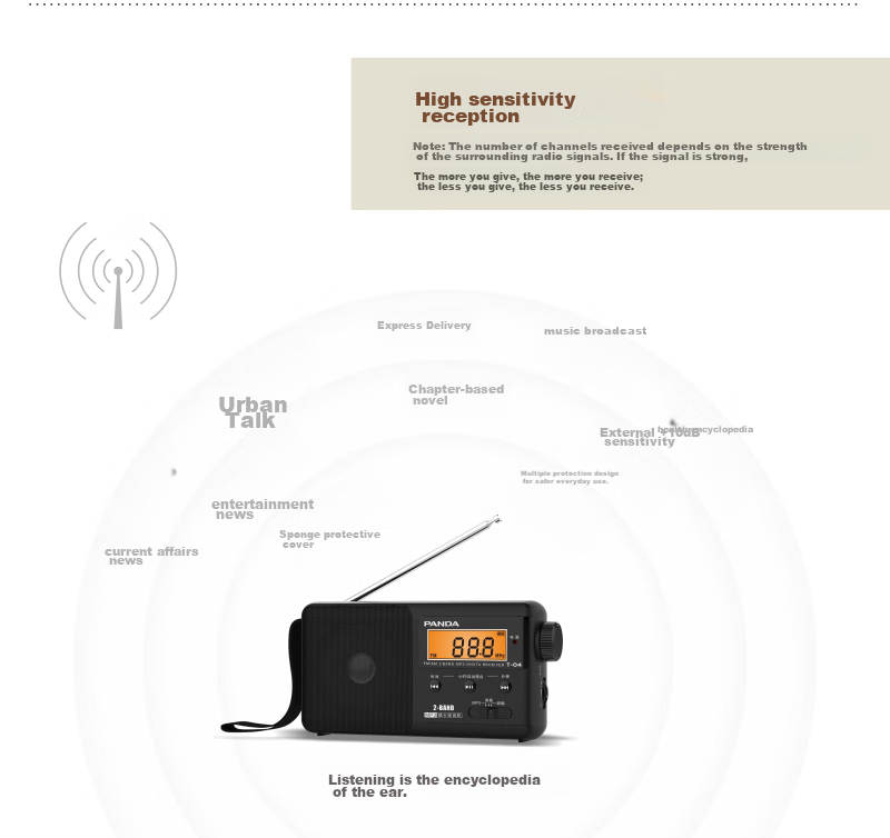 Портативное цифровое радио Panda T-04 с FM/AM, MP3-плеером, слотом для TF-карты и встроенным аккумулятором (черный)