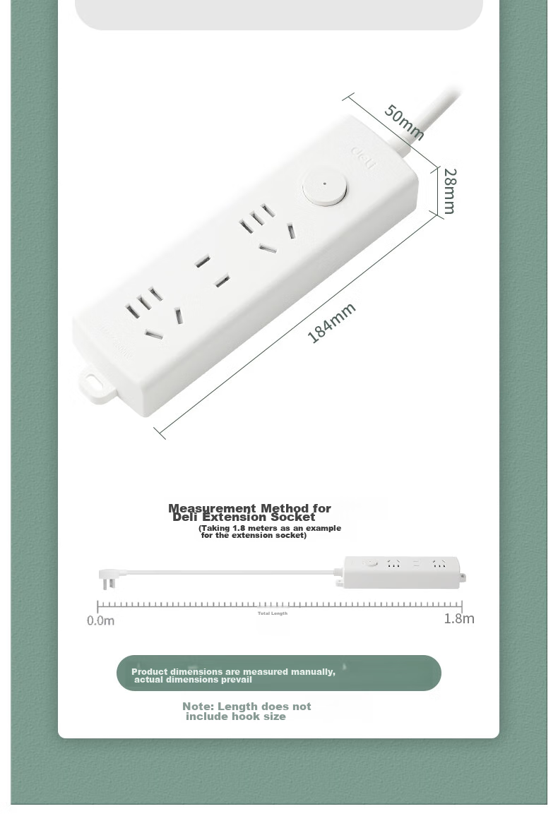 Удлинитель Deli Pearl White Series, стандартный, с мастер-выключателем, защитной крышкой, 3 розетки, длина 1 метр, белый