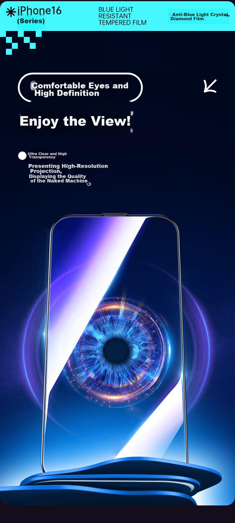 Защитное стекло PISEN для iPhone 17/16 Pro, противоударное, антибликовое, с защитой от синего света, полное покрытие, 2 шт.