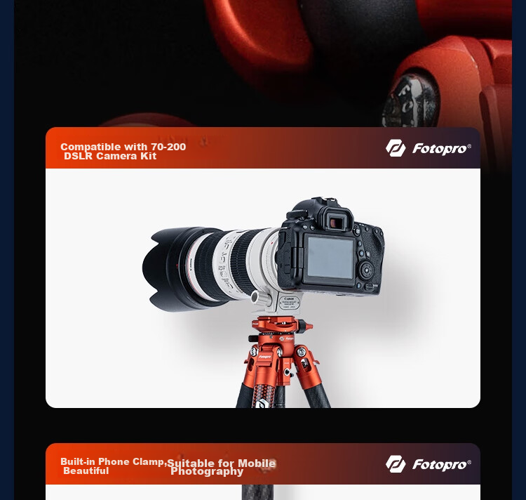 Штатив Fotopro Flying One с шаровой головкой для фото- и видеосъемки, карбоновый, с флип-замками, цвет Flame Orange, в комплекте с держателем для телефона