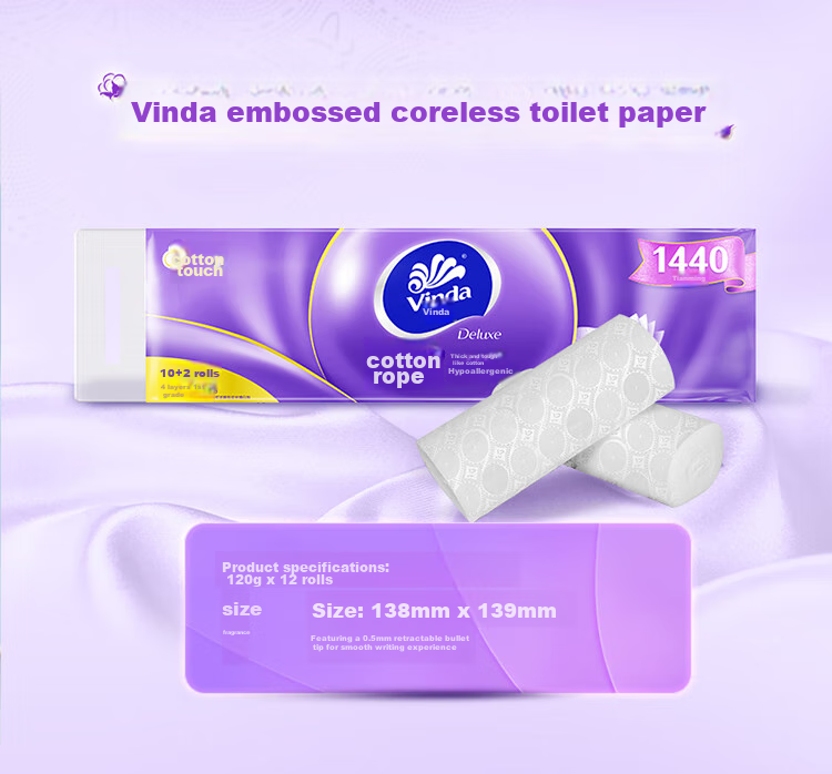 Туалетная бумага Vinda Cotton Tough, 4-слойная, 120г/рулон, 12 рулонов, мягкая и прочная, для дома