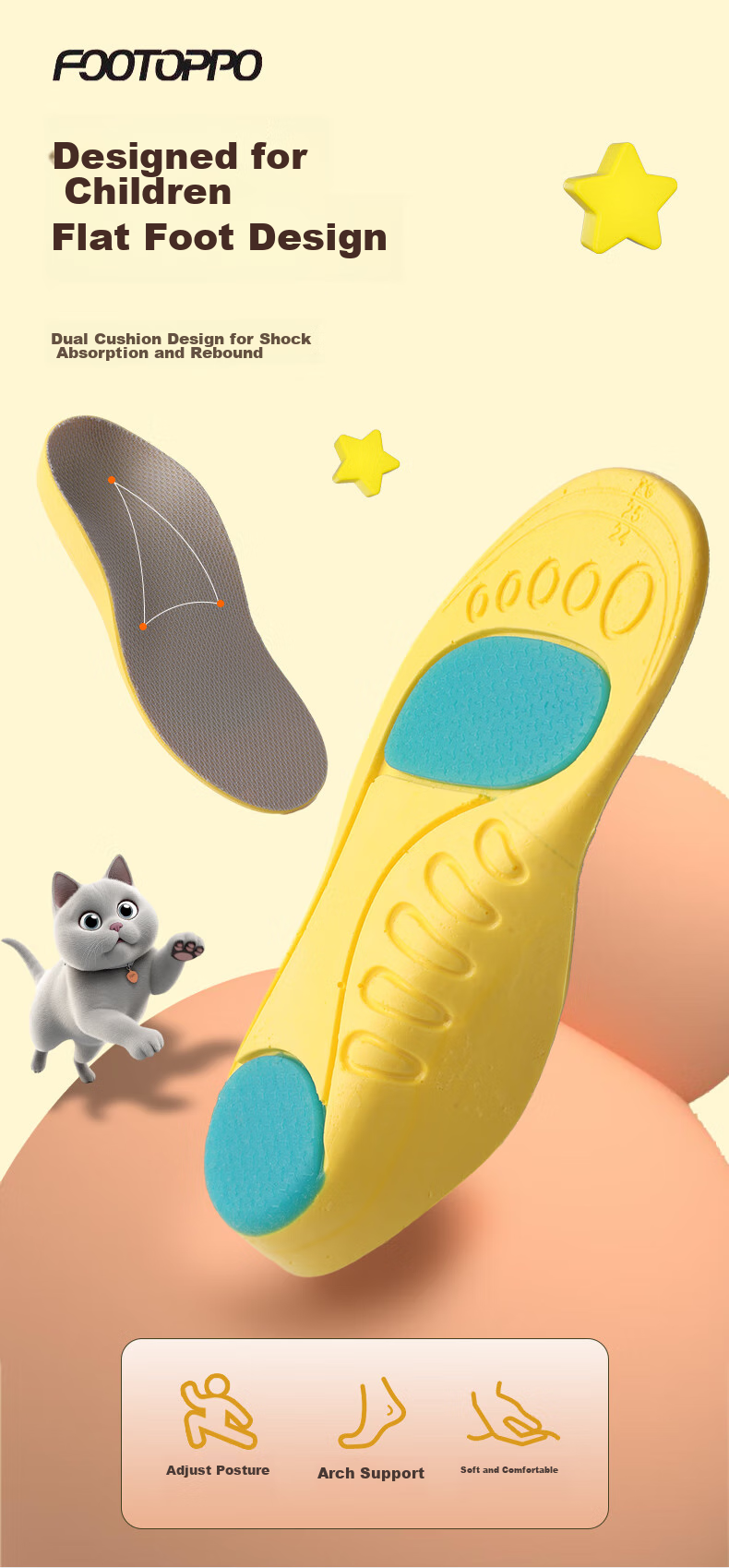 Детские ортопедические стельки FOOTOPPO для плоскостопия, с поддержкой свода стопы, коррекцией наружной ротации, амортизирующие, для спорта