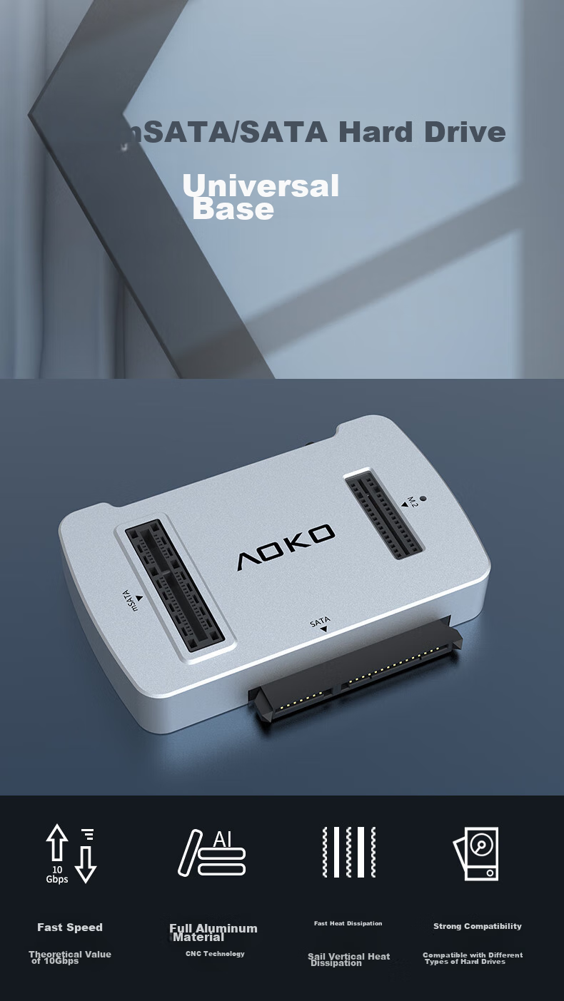 AOKO AM10SL - док-станция для SSD M.2/SATA/NVMe, mSATA, 2.5/3.5" SATA, USB Type-C, алюминий, серебристый