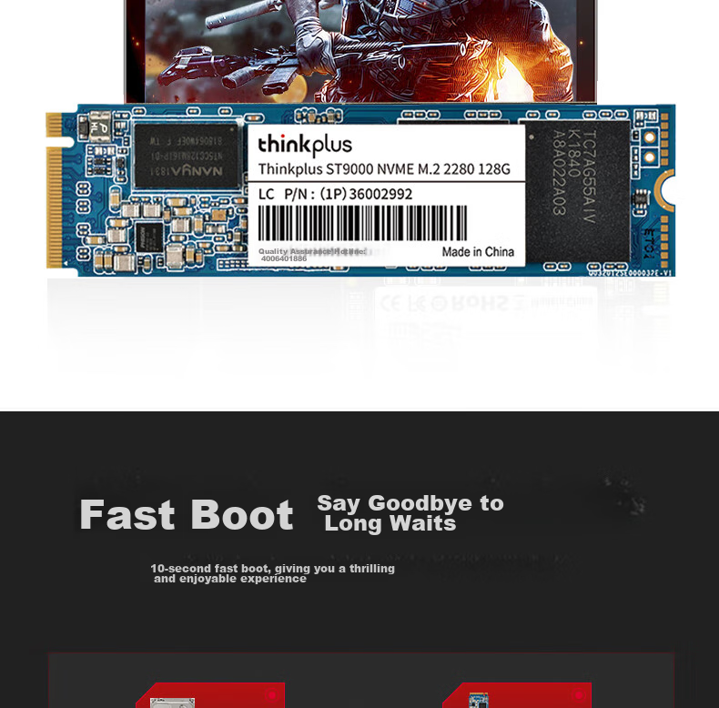 SSD накопитель ThinkPlus ST9000, 512 ГБ, M.2 2280, NVMe, скорость чтения 1800 МБ/с, скорость записи 1500 МБ/с