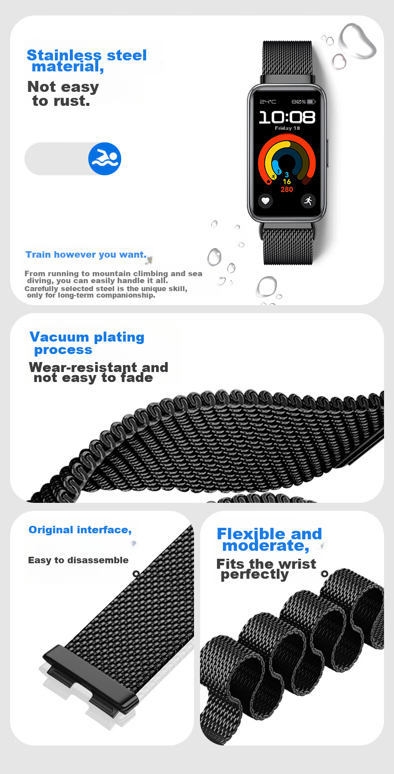 Ремешок BHO Milanese для Huawei Band 10/9/8, металлический, черный