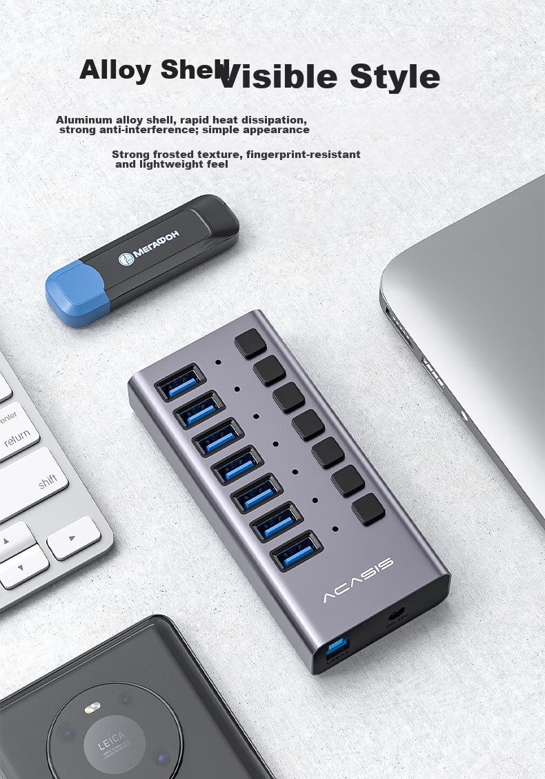 USB 3.0 концентратор Acasis HS-707MG, 7 портов с независимым управлением, алюминиевый корпус, серебристый