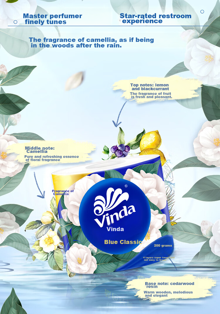 Туалетная бумага Vinda Blue Classic, 4 слоя, 27 рулонов, аромат камелии