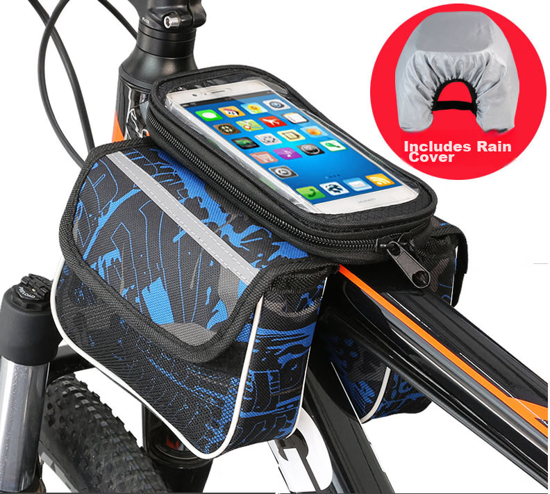 Велосипедная сумка BIKEBROS на руль, аксессуар для горного велосипеда, велооборудование, сумка на верхнюю трубу, водонепроницаемая седельная сумка, сумка для телефона с сенсорным экраном и разблокировкой по отпечатку пальца, синяя [с дождевиком]