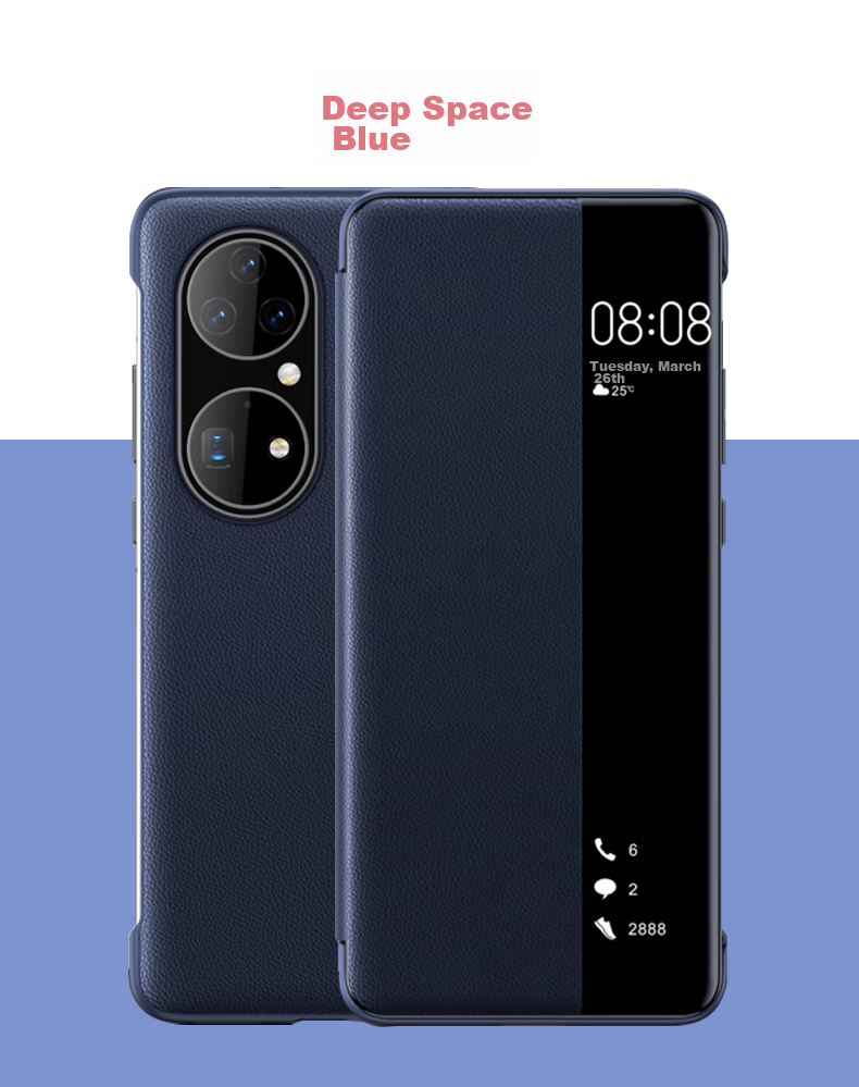 Чехол для Huawei P50 Pro ZhengJian, синий, кожаный, с окошком, смарт-окно, противоударный, бизнес-стиль