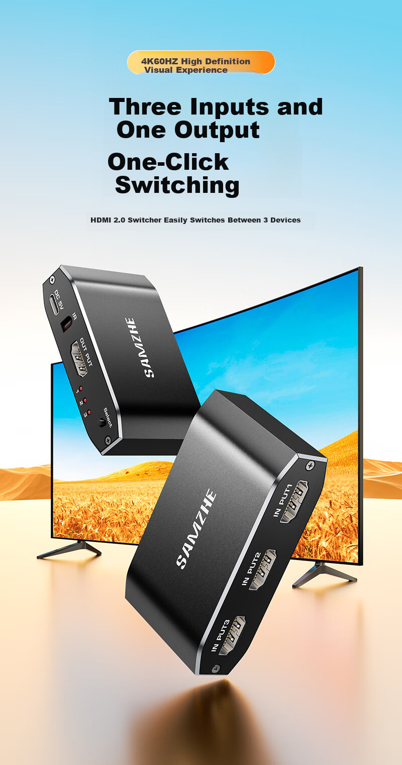 HDMI сплиттер SAMZHE QH31, 3 входа, 1 выход, 4K@60Hz, HD видео, для ноутбука, монитора, ТВ, проектора