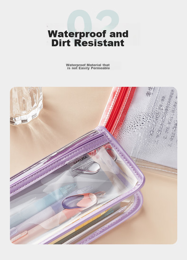 Пенал SAKURA Transparent Exam Pencil Case, фиолетовый, с двойной молнией, для учеников