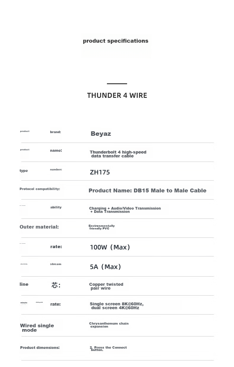 Кабель BIAZE Thunderbolt 4, USB4, Type-C, 8K, 100W, 40 Гбит/с, 0.15 м