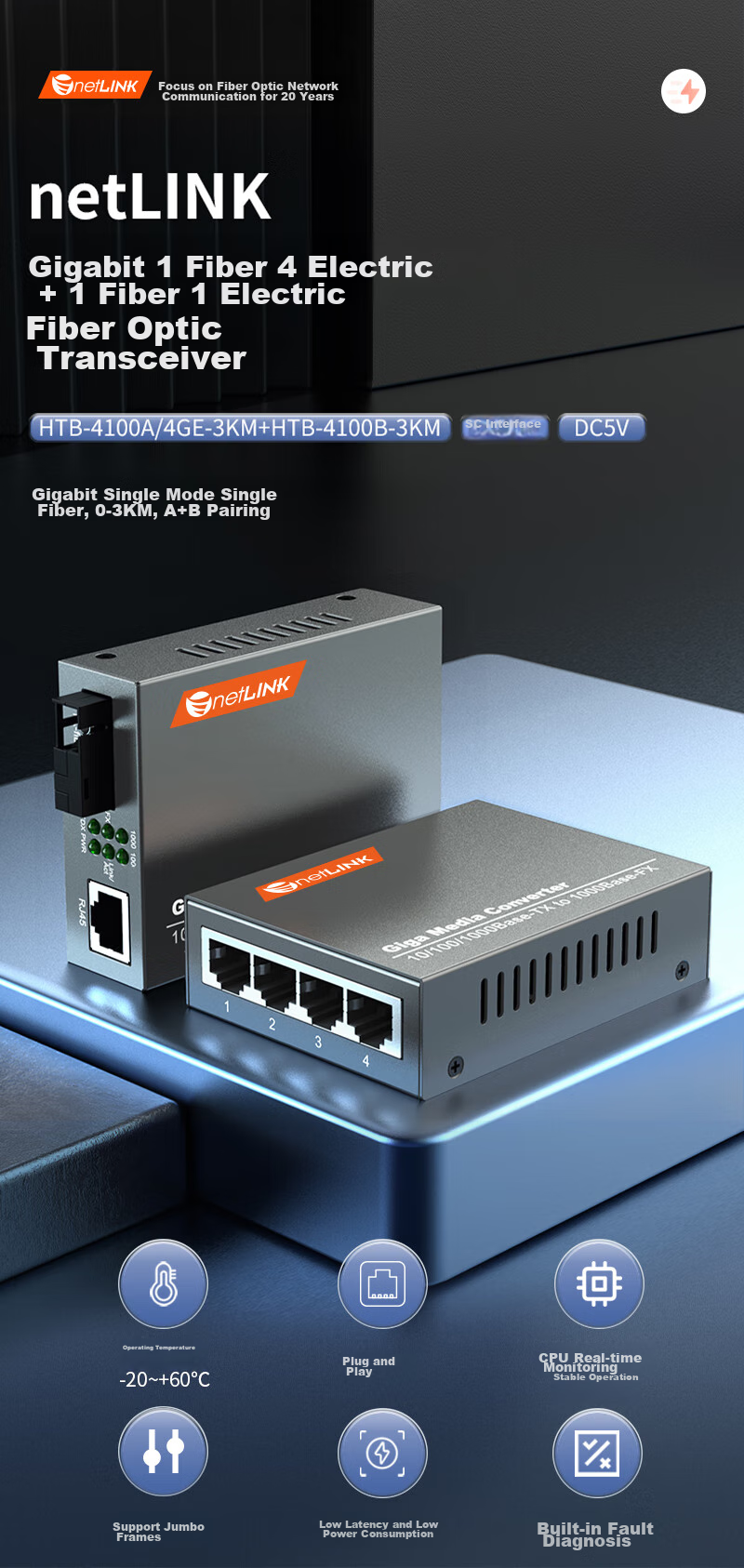Конвертер NetLINK HTB-4100A/4GE, оптический приемопередатчик, одномодовый, одноволоконный, 1 оптический 4 электрических + 1 оптический 1 электрический комплект, 3 км