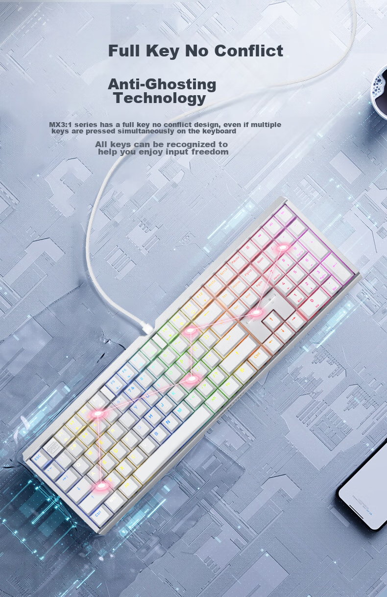 CHERRY MX3.1 Проводная механическая клавиатура, 108 клавиш, RGB подсветка, алюминиевый корпус, переключатели Cherry MX Red, черный