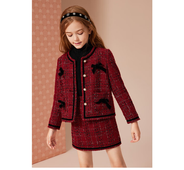 Детский комплект ASK JUNIOR для девочек, осенне-зимний, в стиле Chanel, с юбкой, новогодний костюм, красный, размер 170