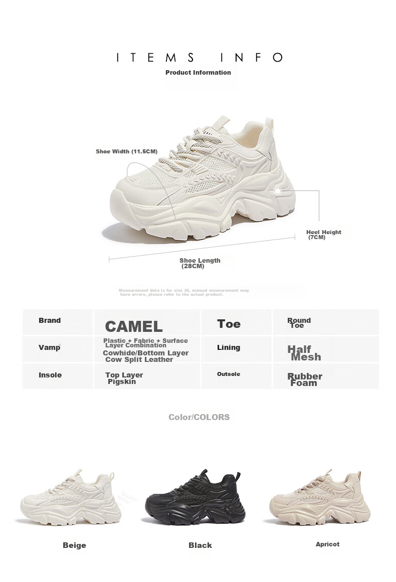 Женские кроссовки CAMEL, спортивные повседневные кроссовки на толстой подошве, модель L24S283622, черные, размер 36