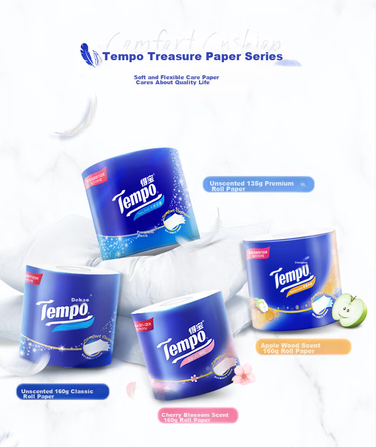 Рулонная туалетная бумага TEMPO Yibo's Choice, 4-слойная, без отдушек, 135 г/рулон, 10 рулонов в упаковке, смываемая, натуральная древесная масса