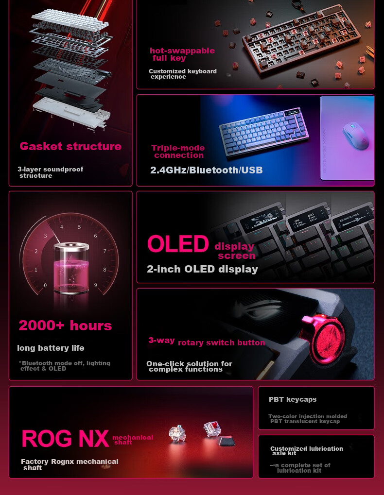 ROG Night Demon Механическая клавиатура, беспроводная/трехрежимная игровая и киберспортивная клавиатура, 75-клавишная раскладка, NX Snow White Switches, RGB Hot-Swappable Customizable Gasket Structure с OLED-экраном, Moonlight White