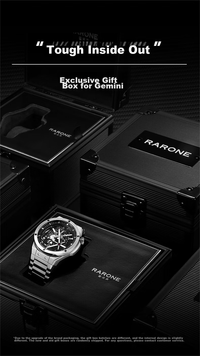 Мужские механические часы RARONE Gemini X Luminous Edition с прозрачной задней крышкой