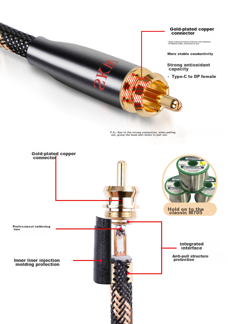 Аудиокабель SKW BG04 2RCA - 2RCA, 0.5 метра, посеребренный медный проводник 6N OCC, экранированный, для подключения CD-плеера, декодера, усилителя