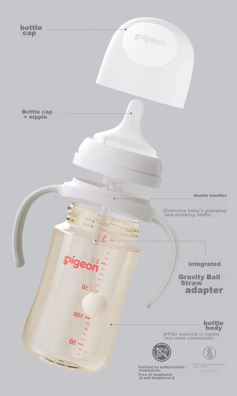 Бутылочка Pigeon Natural Weaning PPSU с шариком-непроливайкой и двойными ручками, 330 мл, от 12 месяцев