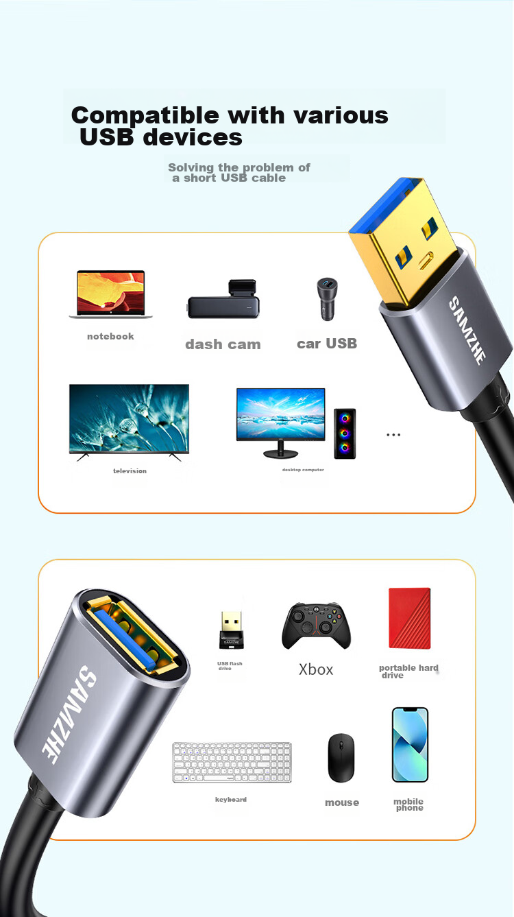 Кабель-удлинитель SAMZHE USB 3.0 AM/AF, 3 метра, алюминиевый сплав, черный