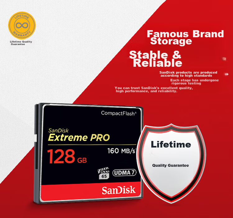Карта памяти SanDisk Extreme PRO CompactFlash, 128 ГБ, скорость чтения 160 МБ/с, скорость записи 150 МБ/с