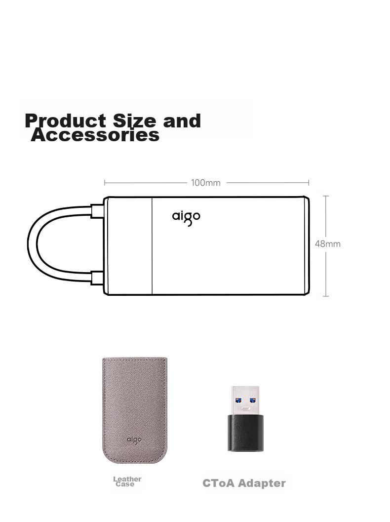 Портативный твердотельный накопитель Aigo S11, 1 ТБ, Type-C USB 3.2, скорость чтения до 520 МБ/с, встроенные кабели, идеально подходит для офисной работы, прямое подключение к телефону
