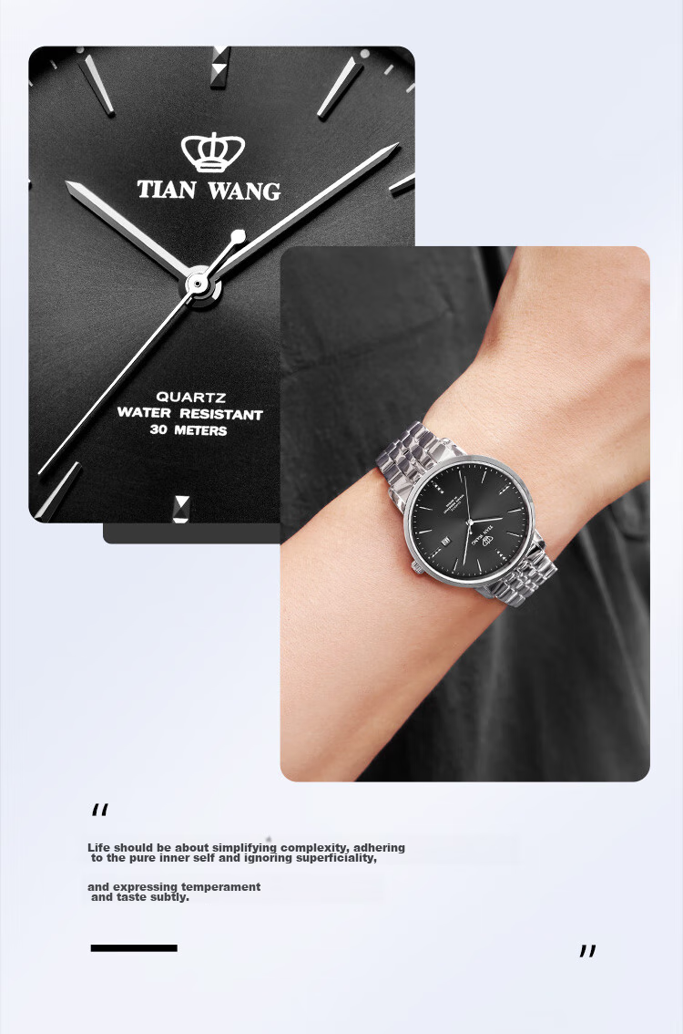 Мужские часы TIAN WANG GS31131S.D.S.B, кварцевые, стальной ремешок, водонепроницаемые до 30 метров, черный циферблат, диаметр 39 мм