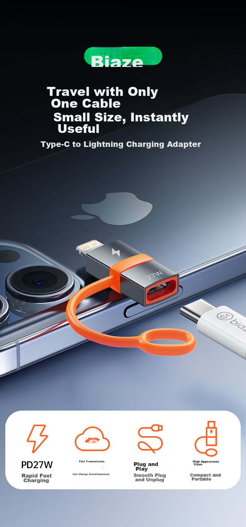 BIAZE Переходник Type-C на Lightning 27W, кабель для зарядки и передачи данных, для iPhone 14/SE/12/XR/8/7/6s