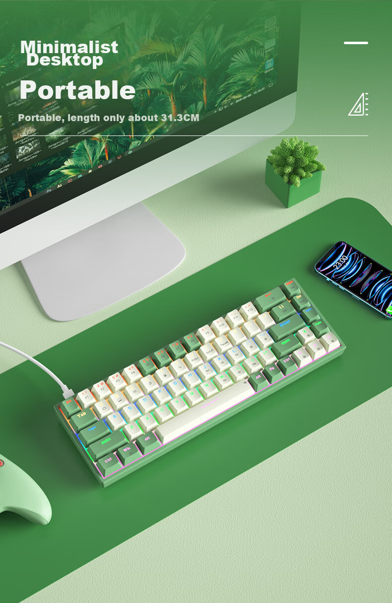 B.O.W Hangshi G68 Проводная механическая клавиатура, игровая, с горячей заменой, офисная, с подсветкой, зеленый и белый чай