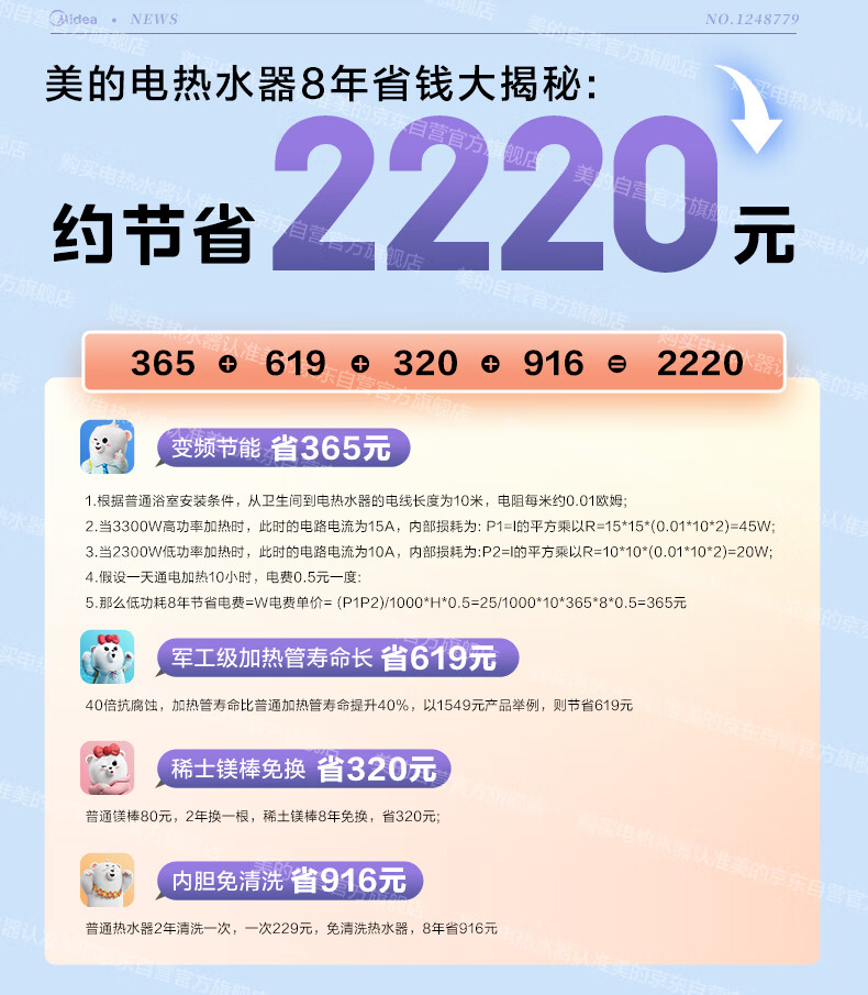 美的（Midea）电热水器60升3300W变频速热镁棒免换内胆免清洗一级能效美肤浴家用储水式F6033-JE8(HE)